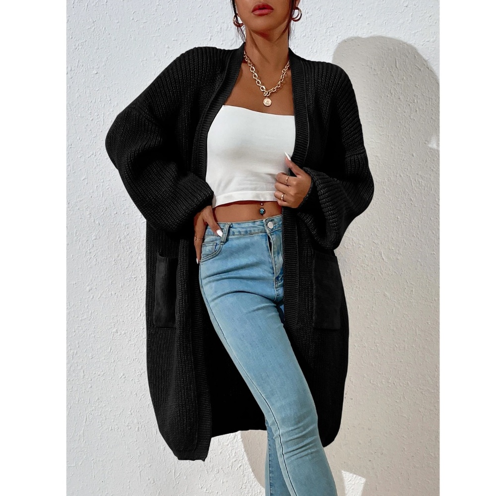 Black Duster Cardigan Front Pockets Cable Knit Long Sleeve Midi Length - Picture 3 of 8